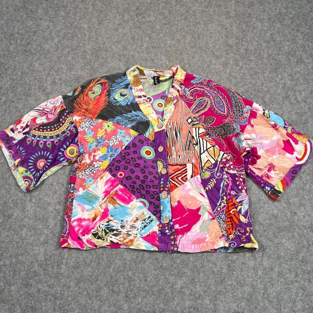 Sacred Threads Mixed Media Patchwork 3.4 Sleeve Button Up Top Women's Size Small